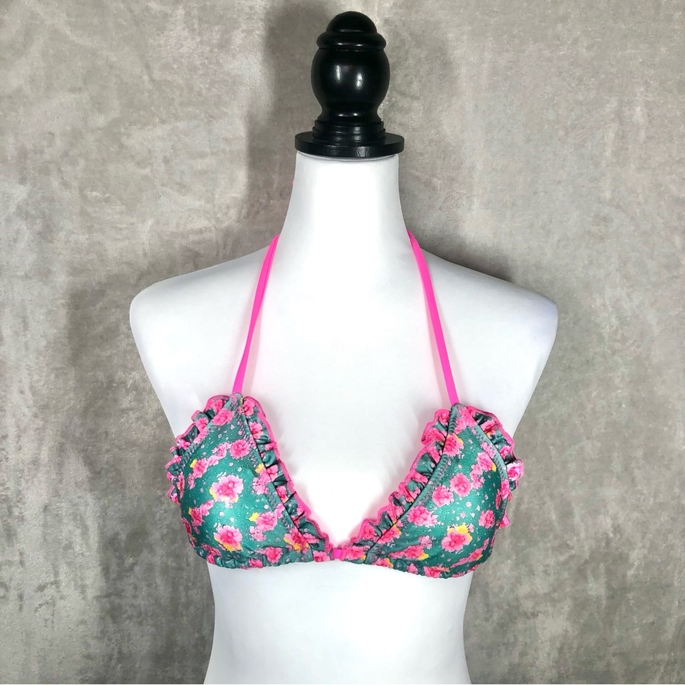 Strawberry Milk Mob Syros Bikini Top‎ Size S Hot Pink Teal Floral String